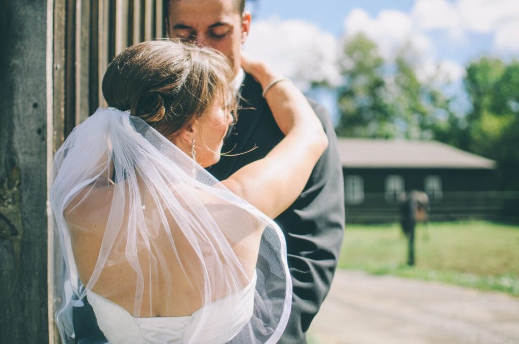 Vancouver wedding couple embracing outside